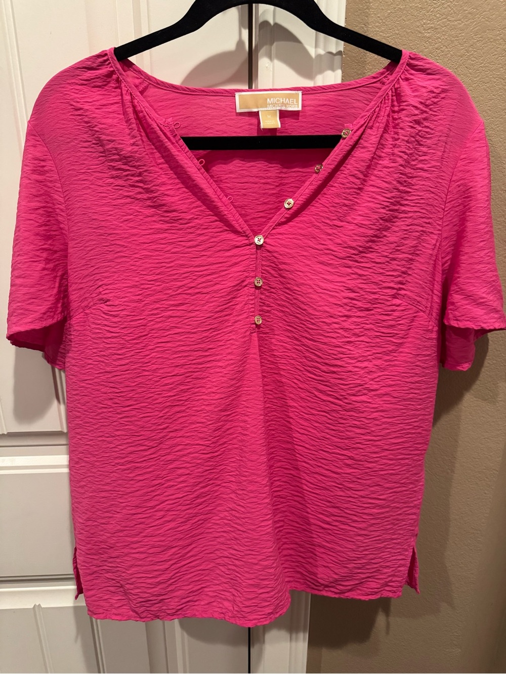 Michael Kors Hot Pink Short-Sleeve V-Neck Button Top